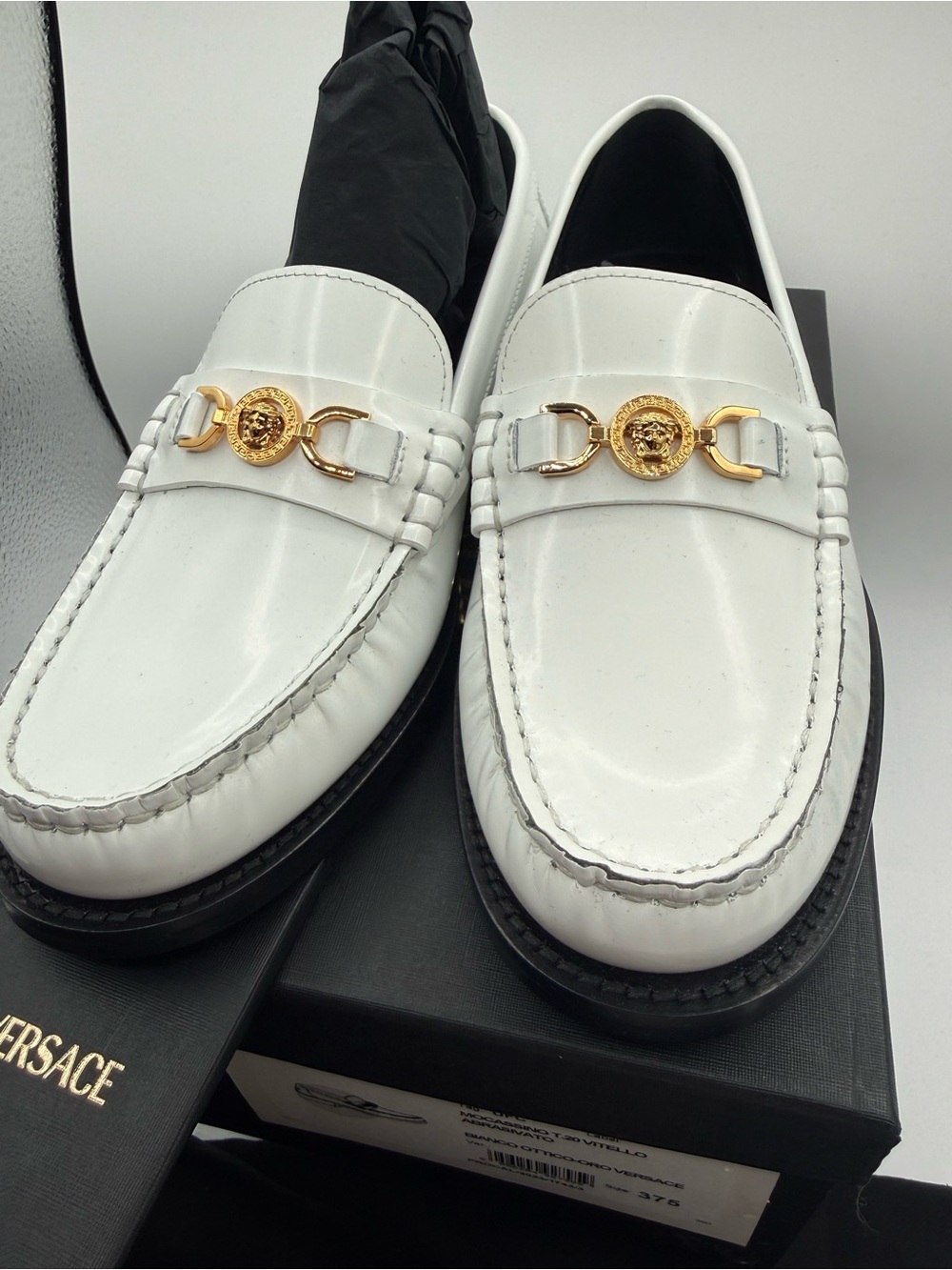 NWT Versace White Leather Loafers with Gold Medallion Hardware